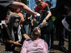 Policiais de alto escalão protegem a polícia depois que confrontos caóticos eclodem em um comício pró-Palestina, enquanto a multidão se recusa a se dispersar – Imagens chocantes emergem de um policial socando um manifestante