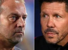 Diego Simeone dá as boas-vindas ao técnico do Barcelona, Flick, antes da partida da Copa