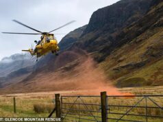 Helicópteros de busca e resgate com mira de caneta laser ajudam os resgatadores de montanha em Highland Glen, que ficou famoso por James Bond