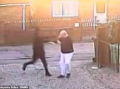 Momento chocante, um bandido mascarado aposentado, de 74 anos, atacado com uma tábua pregada em sua própria garagem enquanto verificava sua lixeira