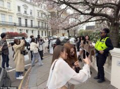 Agora, os proprietários de casas em Notting Hill estão contratando seguranças para tentar controlar os influenciadores que lotam suas ruas para fotografar as flores de cerejeira em plena floração.
