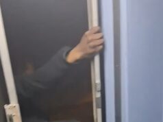 O idiota do viajante de Chicago pendura metade do corpo na janela de um trem em alta velocidade e uiva