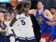 Anthony Edwards e os T-Wolves passaram para o quarto lugar no Oeste com uma vitória por 117-108 sobre o Nuggets.