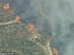 Milhares de californianos foram evacuados quando os ventos de Santa Ana alimentaram dois incêndios florestais que se espalhavam rapidamente