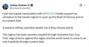 Trump está pronto para usar “força militar esmagadora” contra o Irã se o regime não cumprir o prazo para reabrir o Estreito de Ormuz, alerta seu principal aliado