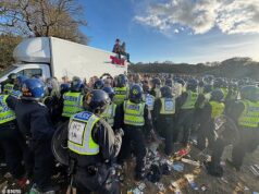 Dez pessoas foram presas quando manifestantes lançaram mísseis contra a polícia e um policial foi atacado por agressores enquanto eles realizavam um tumulto ilegal durante a noite em uma vila rural.
