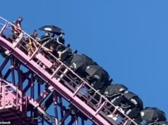 A montanha-russa Movie World para repentinamente no meio do percurso enquanto os passageiros ficam presos nos trilhos dez metros acima do solo.