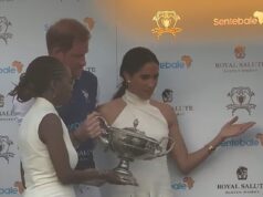 Momento viral de Meghan que causou rixa nua entre Harry e o chefe do Sentinela: o vídeo mostra Duquesa empurrando o chefe de caridade para fora do caminho em um evento de pólo – enquanto Duke processava por difamação no Tribunal Superior