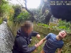 Momento humilhante depois que o heróico cão policial caça o infrator reincidente rio abaixo e o persegue pelo jardim – antes de expô-lo baixando as calças