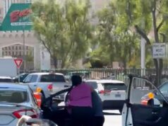 Um vídeo chocante mostra a violenta briga na estrada que eclodiu depois que o homem deu um soco na mulher ao lado do WrestleMania Hotel, no meio da movimentada Las Vegas Boulevard.
