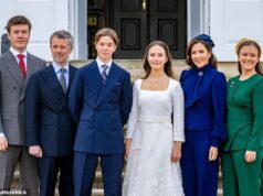 A enlutada Rainha Maria da Dinamarca corajosamente comparece à confirmação de seus gêmeos após a morte de seu pai