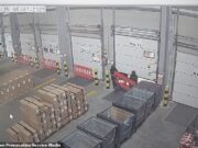 A gangue mascarada do momento roubou motocicletas no valor de £ 140.000 do armazém depois que a polícia suspeita que um funcionário deixou a porta da veneziana aberta