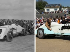 O carro recorde de velocidade terrestre Babs retorna à praia no centenário