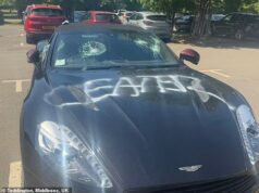 Vândalo mascarado quebra o pára-brisa do Aston Martin de £ 250.000 antes de pintar ‘CHEATER’ no capô