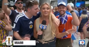 Repórter da TV de Miami aprende da maneira mais difícil depois de tentar entrevistar ao vivo torcedores escoceses bêbados da Copa do Mundo