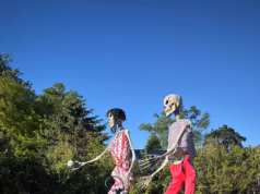 Um casal com um esqueleto assustador de 3,6 metros de altura pendurado no jardim da frente ganhou uma grande vitória depois que as autoridades municipais ordenaram que eles fossem retirados.