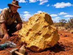Um detector de metais leva um garimpeiro a uma rocha que resiste a serra, ácido, furadeira e marreta; Alguns anos depois, os cientistas lapidaram o bloco com diamantes e descobriram um meteorito de 17 kg do início do sistema solar.