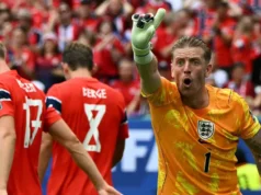A Noruega marcou o segundo gol contra a Inglaterra nas quartas de final da Copa do Mundo