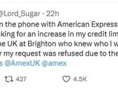 Lord Alan Sugar se irrita com a American Express enquanto o bilionário rejeita o aumento do limite de crédito e diz ‘Tenho que comprar coisas’