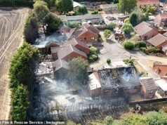 Balões de festa de hélio que tocaram linhas de energia incendiaram-se em um campo de onda de calor que devastou uma vila e destruiu duas casas