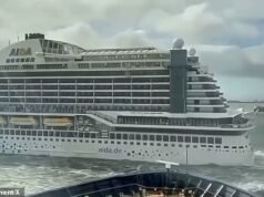 Um navio de cruzeiro de 1.000 pés com destino ao Reino Unido bateu em um paredão em um porto francês depois de ser arrancado de sua amarração pelo vento.