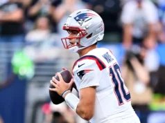 O passe de 2 jardas de Drake May para touchdown deu aos Patriots uma vantagem de 7-0