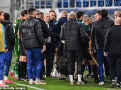 Membro da equipe da Irlanda afirma que jogador israelense ‘cuspiu’ durante a confusão do intervalo – governo israelense comparado à ‘Alemanha nazista’ depois que jogadores irlandeses se curvaram durante o hino nacional dos rivais e se recusaram a apertar as mãos.