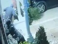 Esquadrão de roubo de ‘viajantes’ ataca novamente: momento aterrorizante Gangue usando balaclava ligada a 50 arrombamentos usa pé de cabra para arrombar a porta da frente de outra casa em Londres