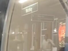 Passageiros de trem aterrorizados assistem três jovens empunhando facas brigando na plataforma da estação