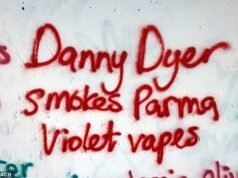 Grafiteiro preso por colocar mensagens inspiradas em celebridades nas paredes, incluindo ‘Danny Dyer Smokes Perma Violet Vapes’