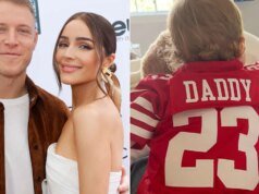 A grávida Olivia Culpo e a filha de Christian McCaffrey, Colette, de 1 ano, veste a camisa do ‘papai’ para homenagear a estrela do 49ers